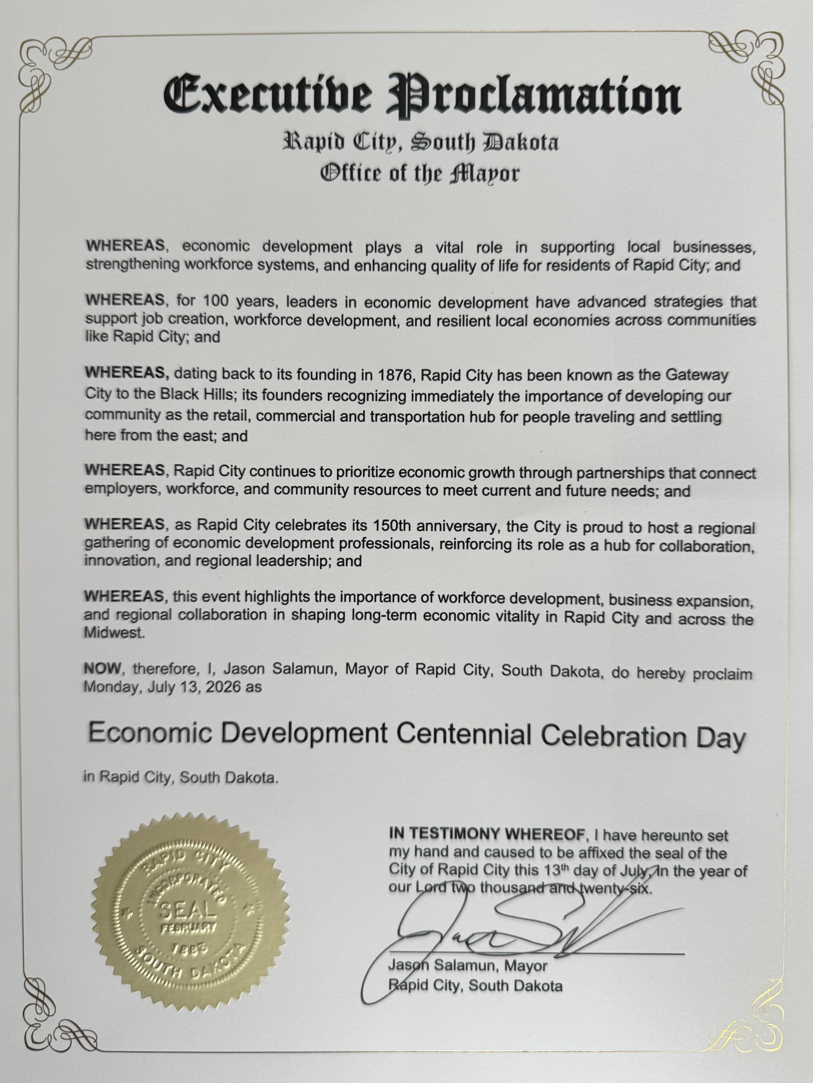 City of Rapid City proclamation declaring Economic Development Centennial Celebration Day